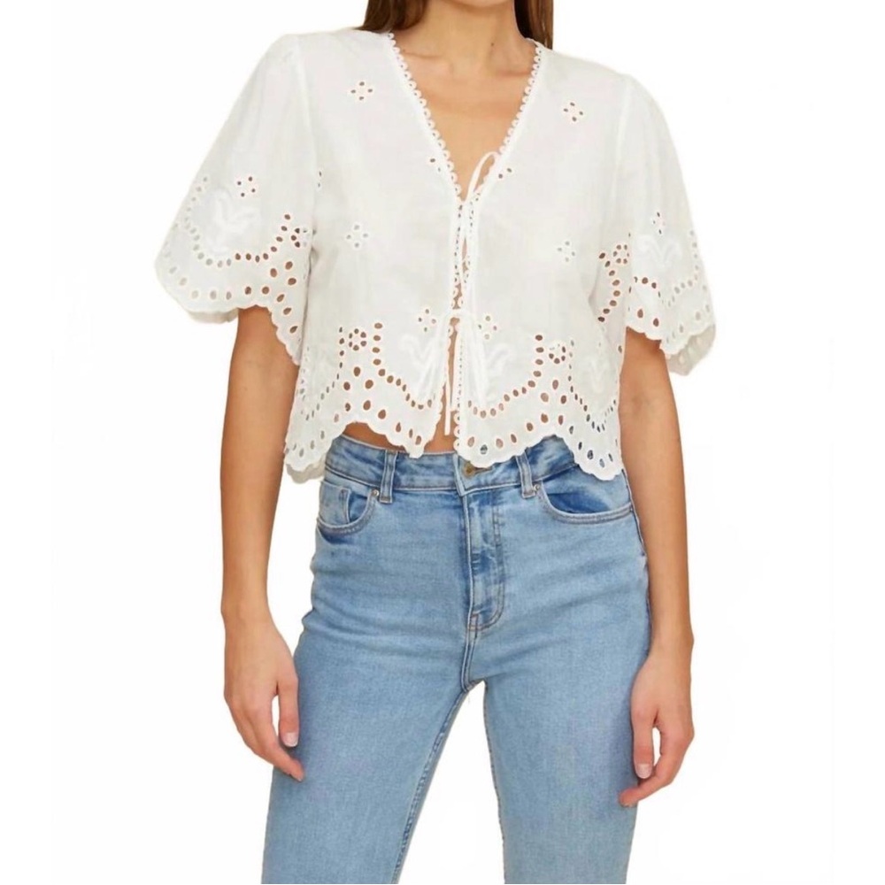Lucy Paris White Eyelet Tie-Front Cropped Blouse